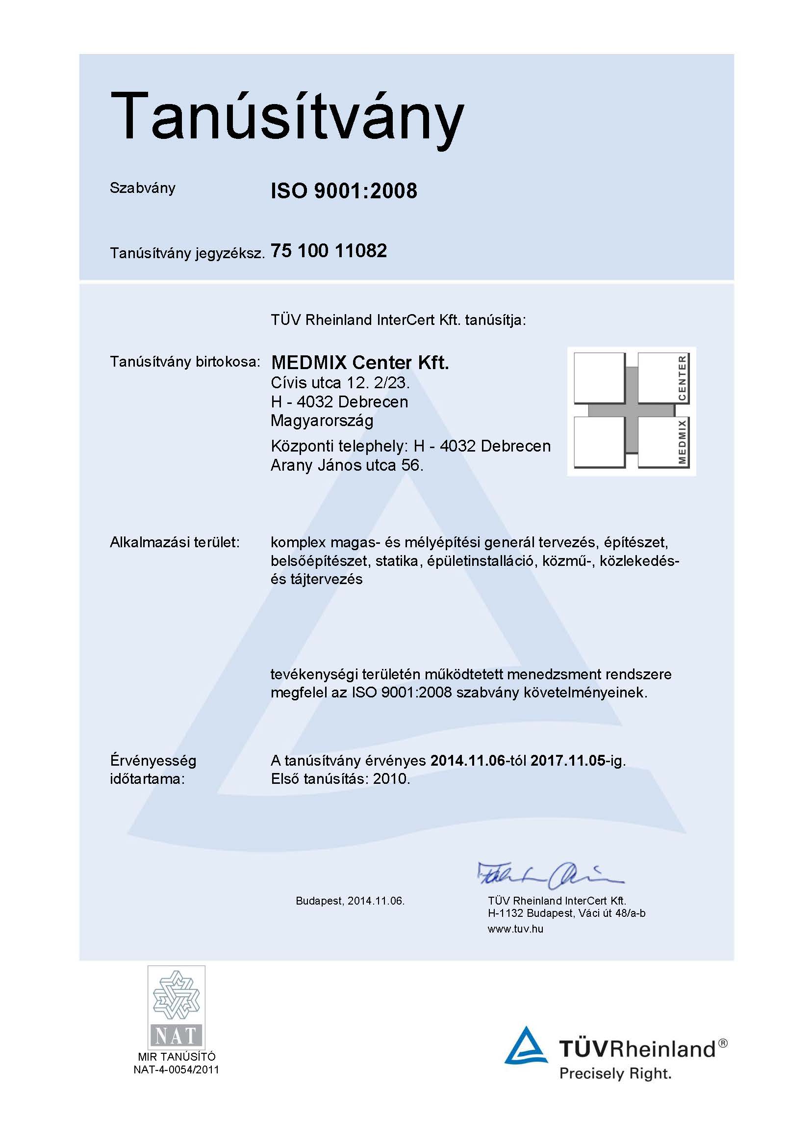 ISO 9001:2008 tanúsítvány
